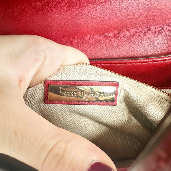 Tory Burch Kira Chevron Top Handle Satchel Apple Red Leather Convertible Bag - Picture 8 of 11